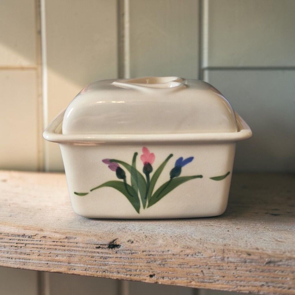 Clay Design Ceramic Covered Dish Floral Hand Painted Vintage Kitchen Butter